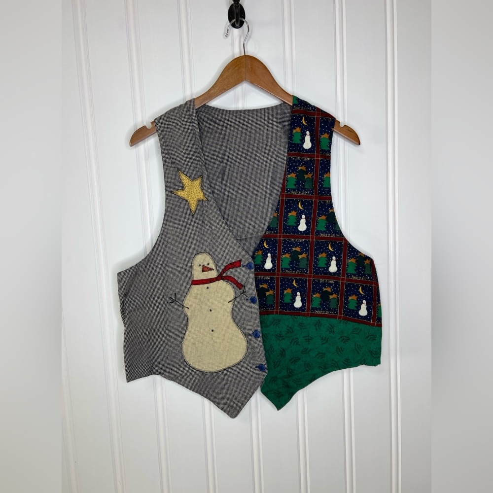 Vintage Snowman Holiday Christmas Vest Black White Size XL